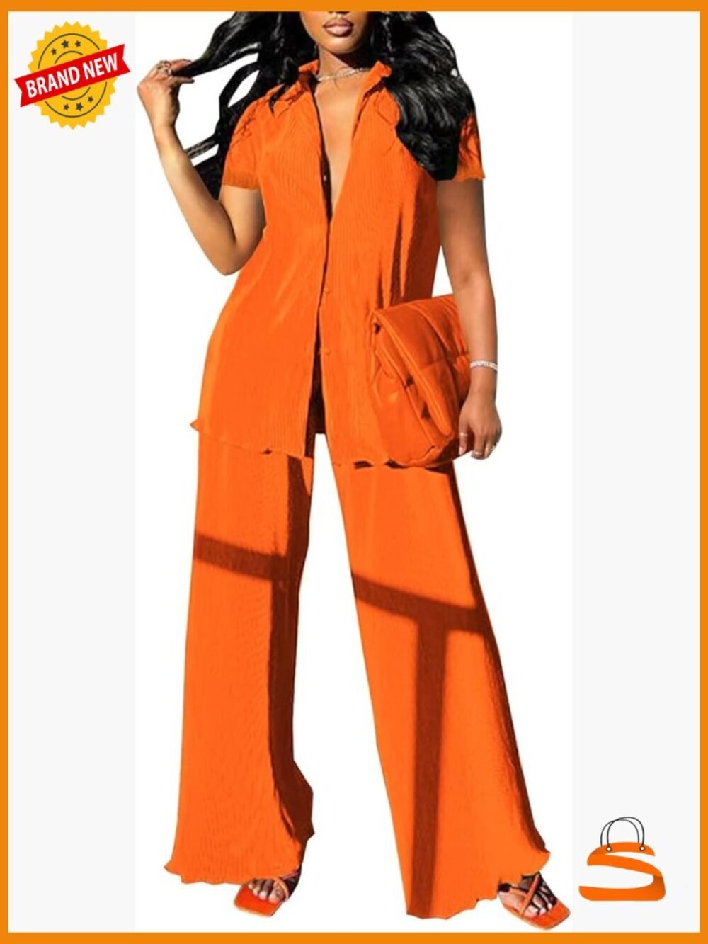 Women's 2 Piece Pleated Pants Set - Button Down Blouse Top & Wide Leg Palazzo